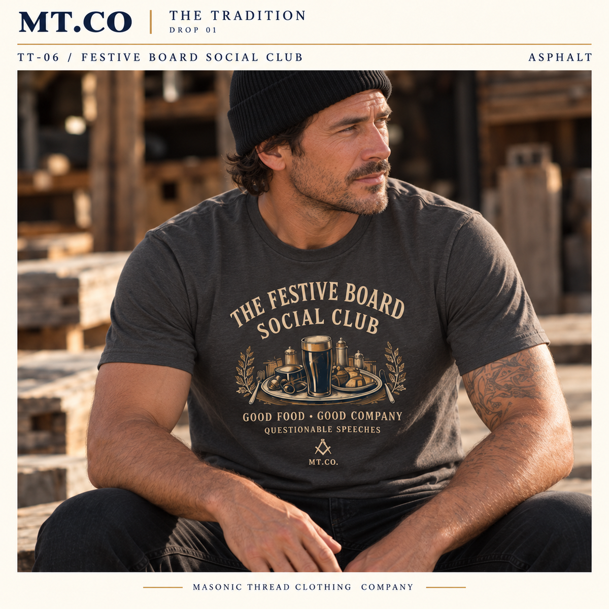 Festive Board Social Club Masonic Graphic T-Shirt | The Tradition in Asphalt — MT.CO lifestyle mockup