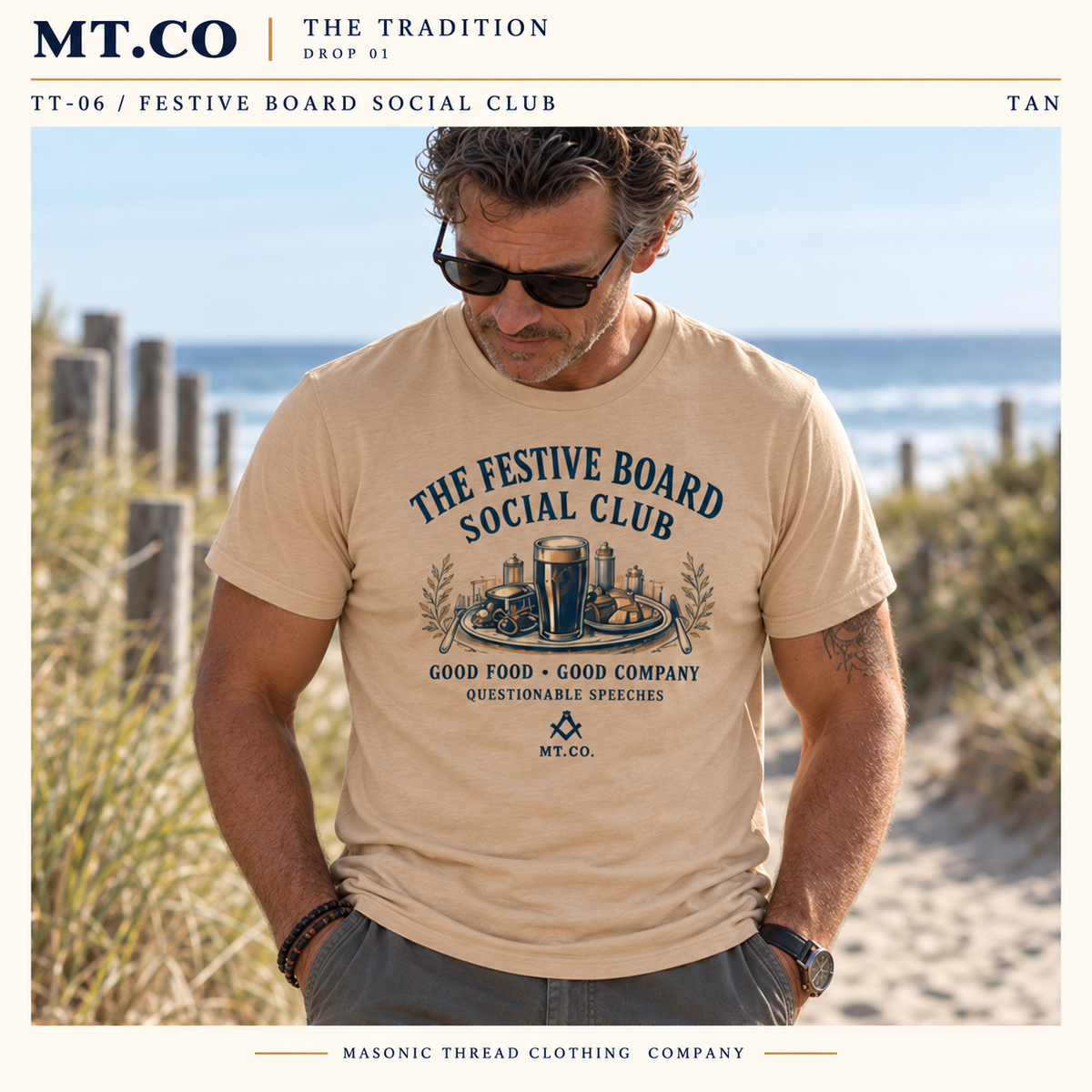 Festive Board Social Club Masonic Graphic T-Shirt | The Tradition in Tan — MT.CO lifestyle mockup