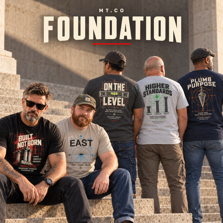 Foundation by MT.CO: five Masonic graphic T-shirts photographed on sunlit stone steps, showing two front prints and three back prints.