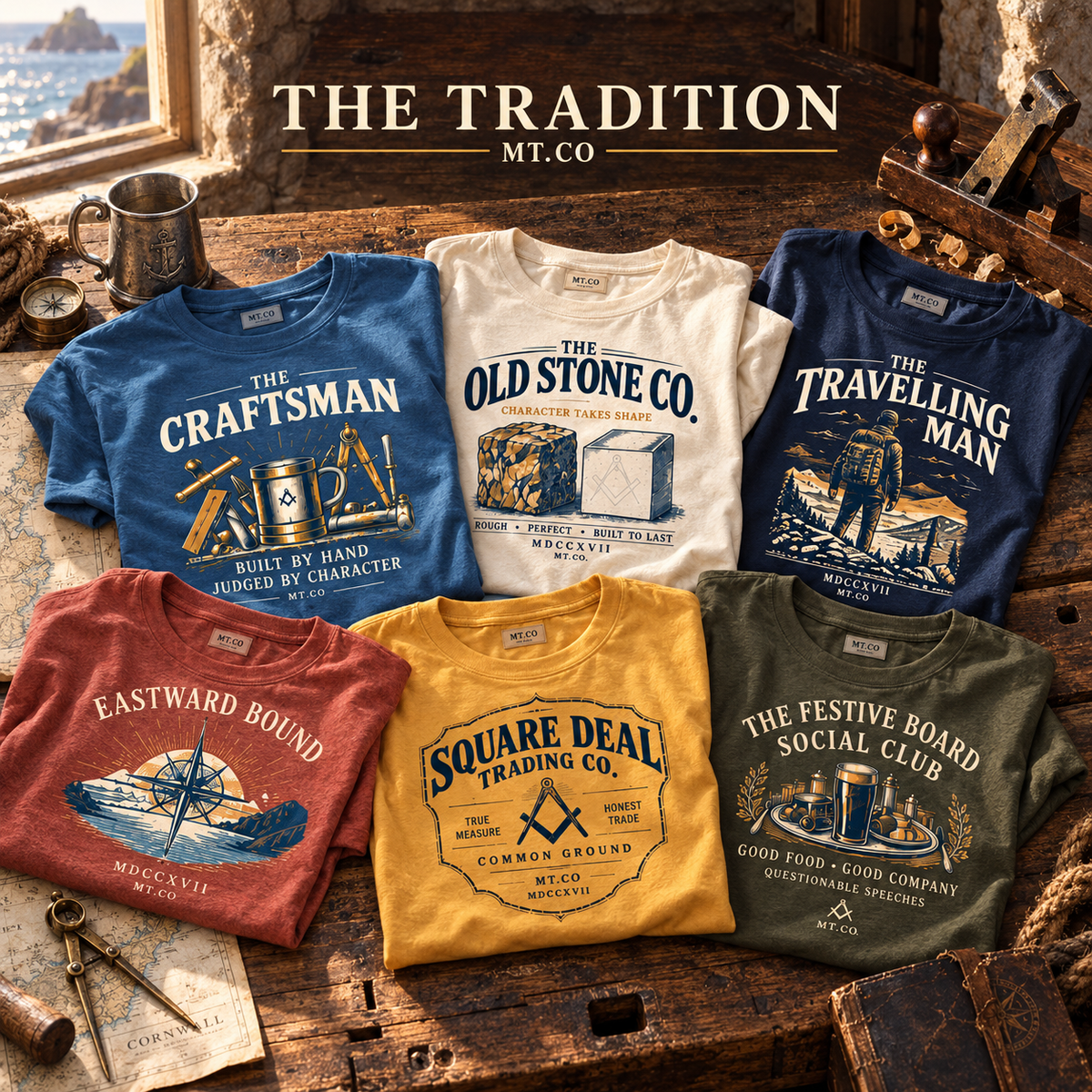 The Tradition by MT.CO — six Masonic graphic T-shirts arranged on a sunlit coastal workshop bench.