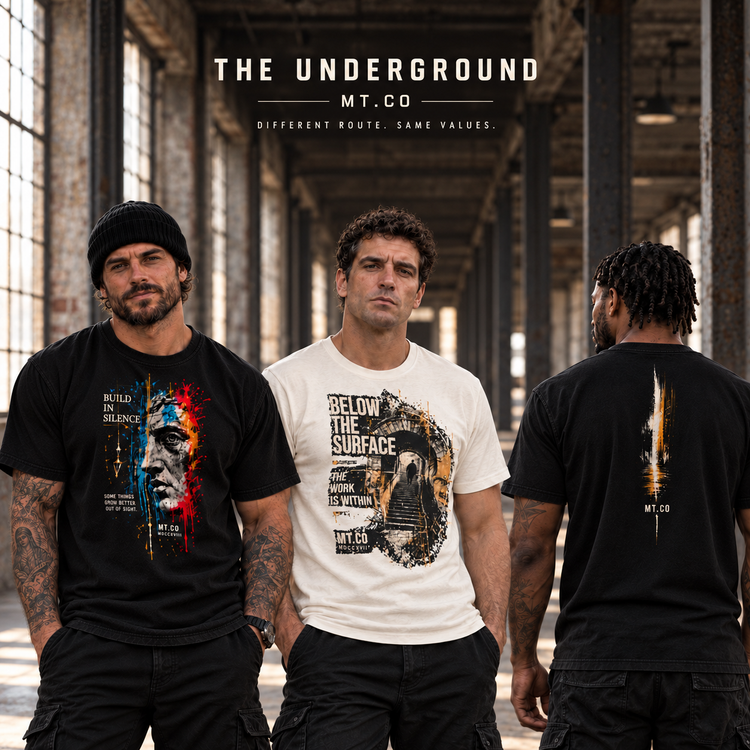 The Underground by MT.CO: three models in a warehouse showing Build in Silence and Below the Surface front prints and the From Darkness back print.