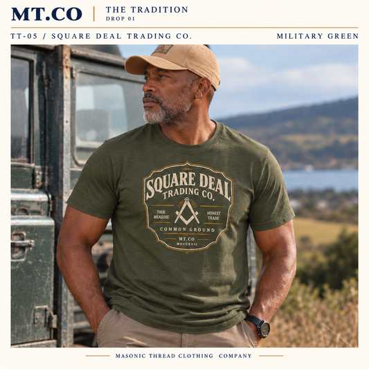 Square Deal Trading Co. Masonic Graphic T-Shirt | The Tradition in Military Green — MT.CO lifestyle mockup