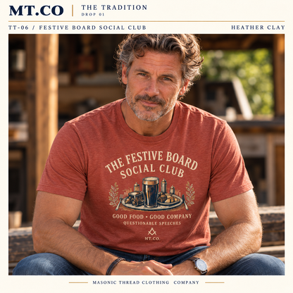 Festive Board Social Club Masonic Graphic T-Shirt | The Tradition in Heather Clay — MT.CO lifestyle mockup