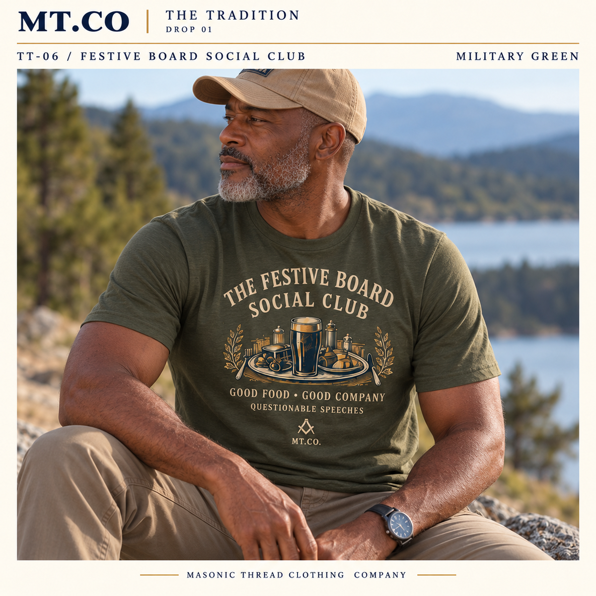 Festive Board Social Club Masonic Graphic T-Shirt | The Tradition in Military Green — MT.CO lifestyle mockup