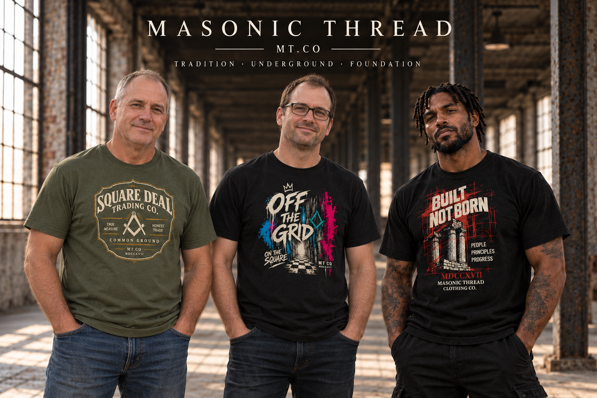 Three men wearing Square Deal, Off the Grid and Built Not Born T-shirts from Masonic Thread.