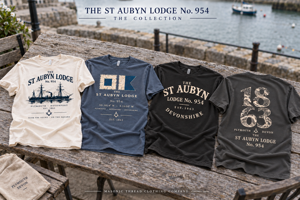 Four St Aubyn Lodge No. 954 T-shirt designs beside Plymouth harbour.